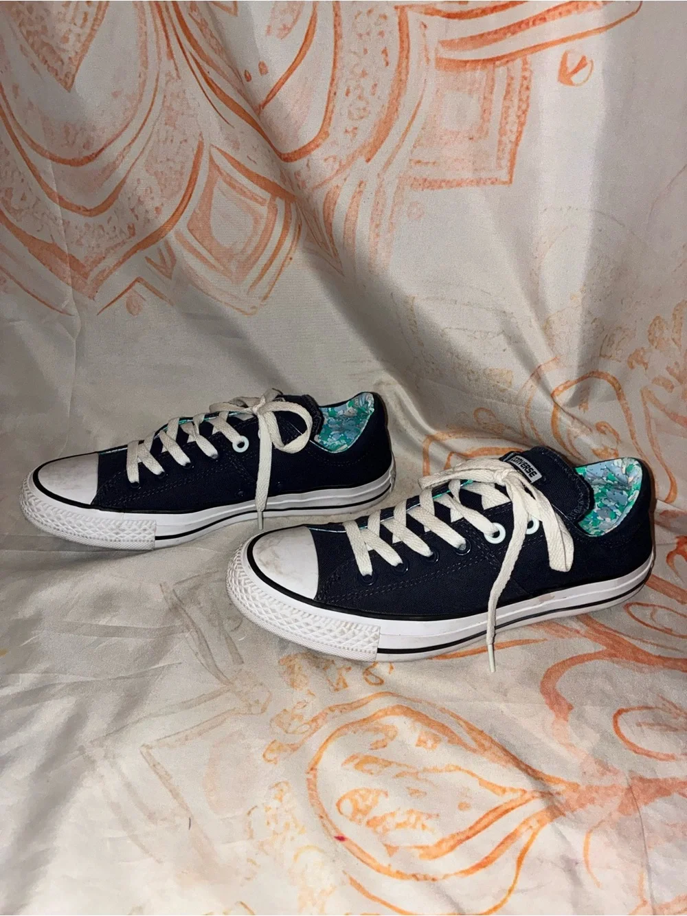 Converse Low-Top Canvas Sneakers in Navy and White with Floral Lining